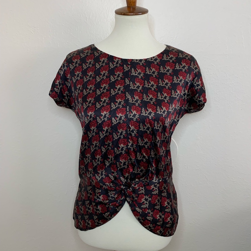 Beyond Vintage 100% Silk Top Size M Short Sleeve Open Back Rose Dark Romantic